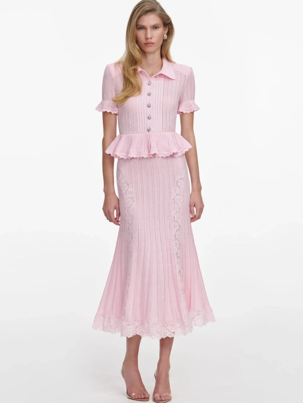 NWOT Self-Portrait PINK POINTELLE PEPLUM KNIT MIDI DRESS - Picture 1 of 11